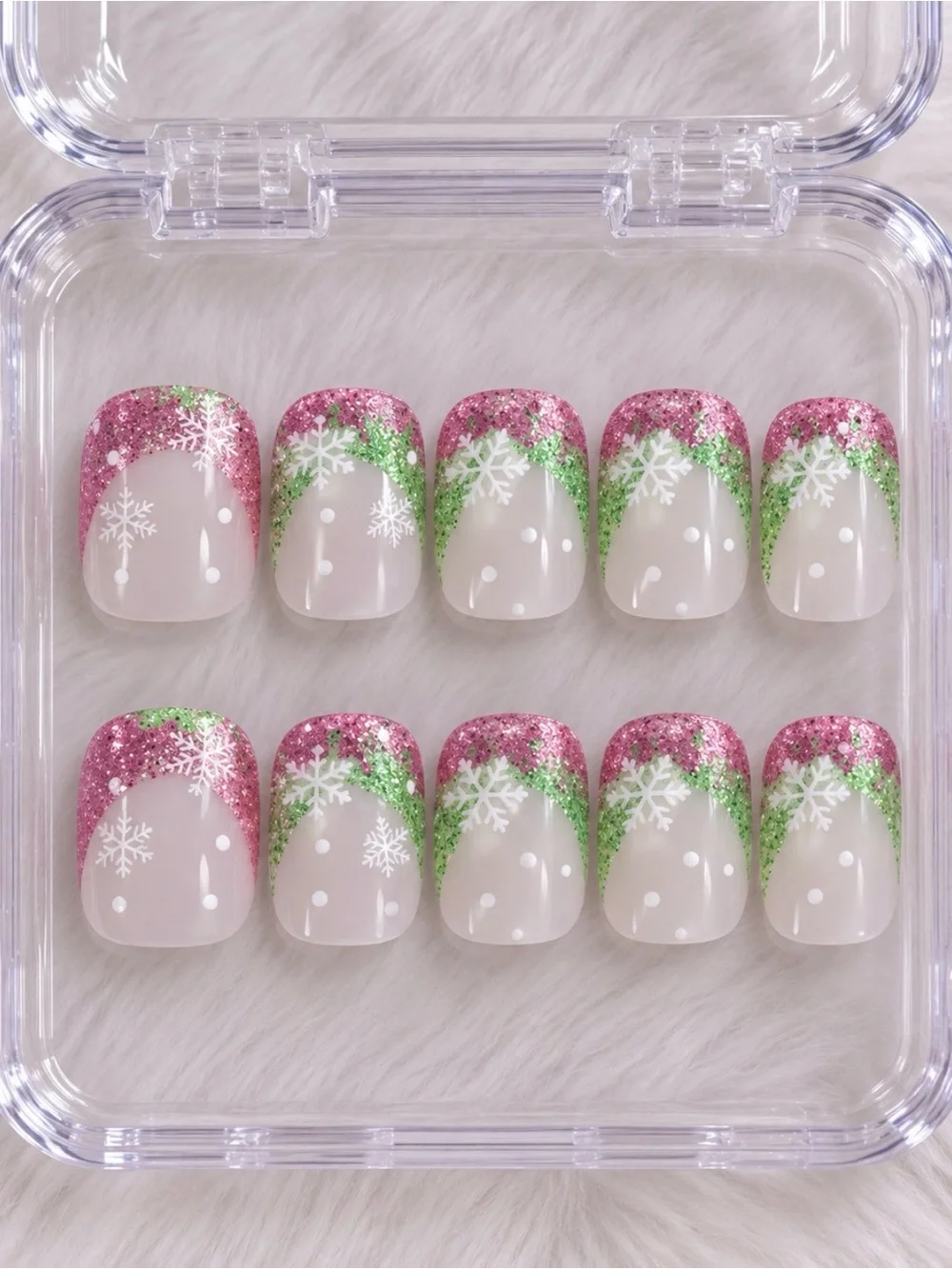 Holiday Pink & Green Glitter Press-On Nails